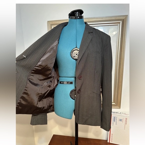 Script Women’s Brown Pinstripe Lined Stretch Blazer Jacket Size 14 - Picture 6 of 9